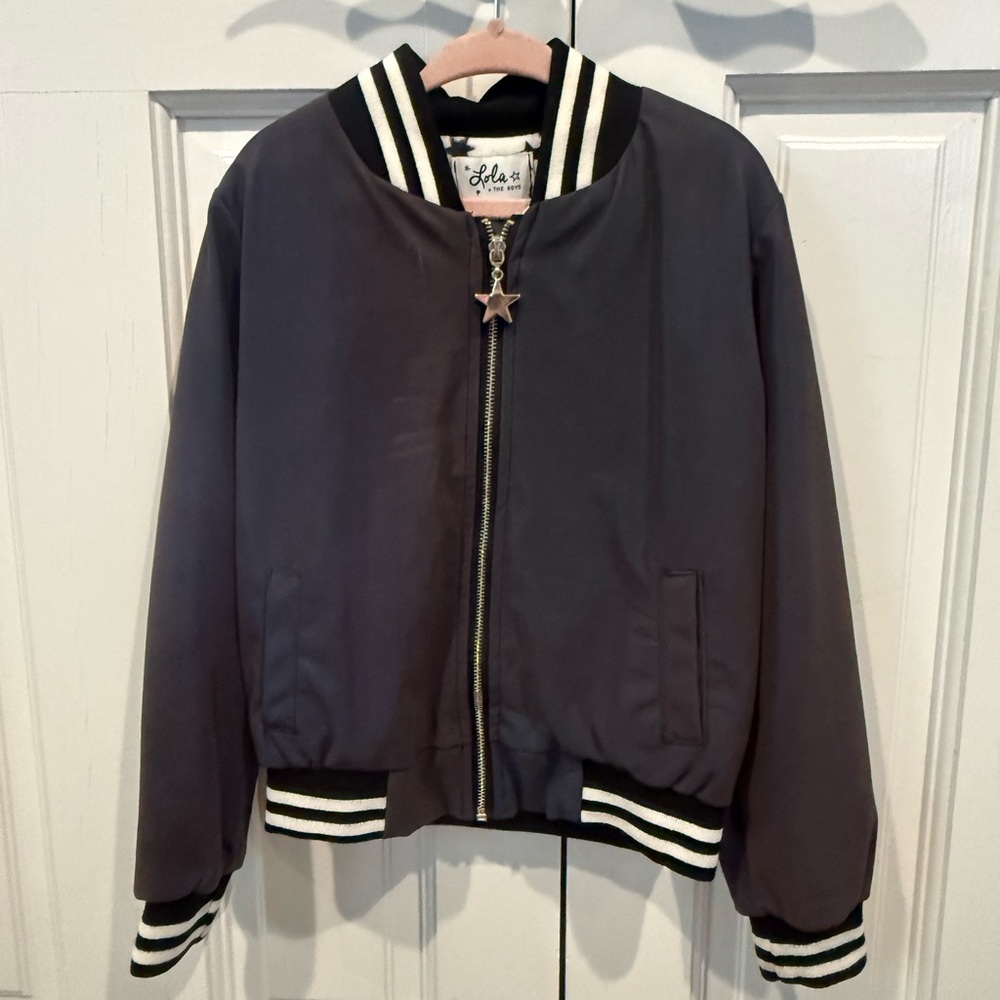 Lola + The Boys Charcoal Bomber with Black & White Striped Trim